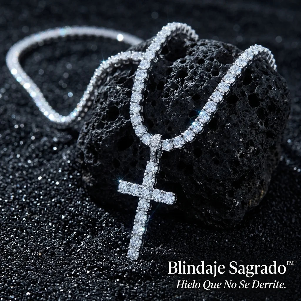 Cadena Tennis Cruz Iced · Oro Blanco y 18K