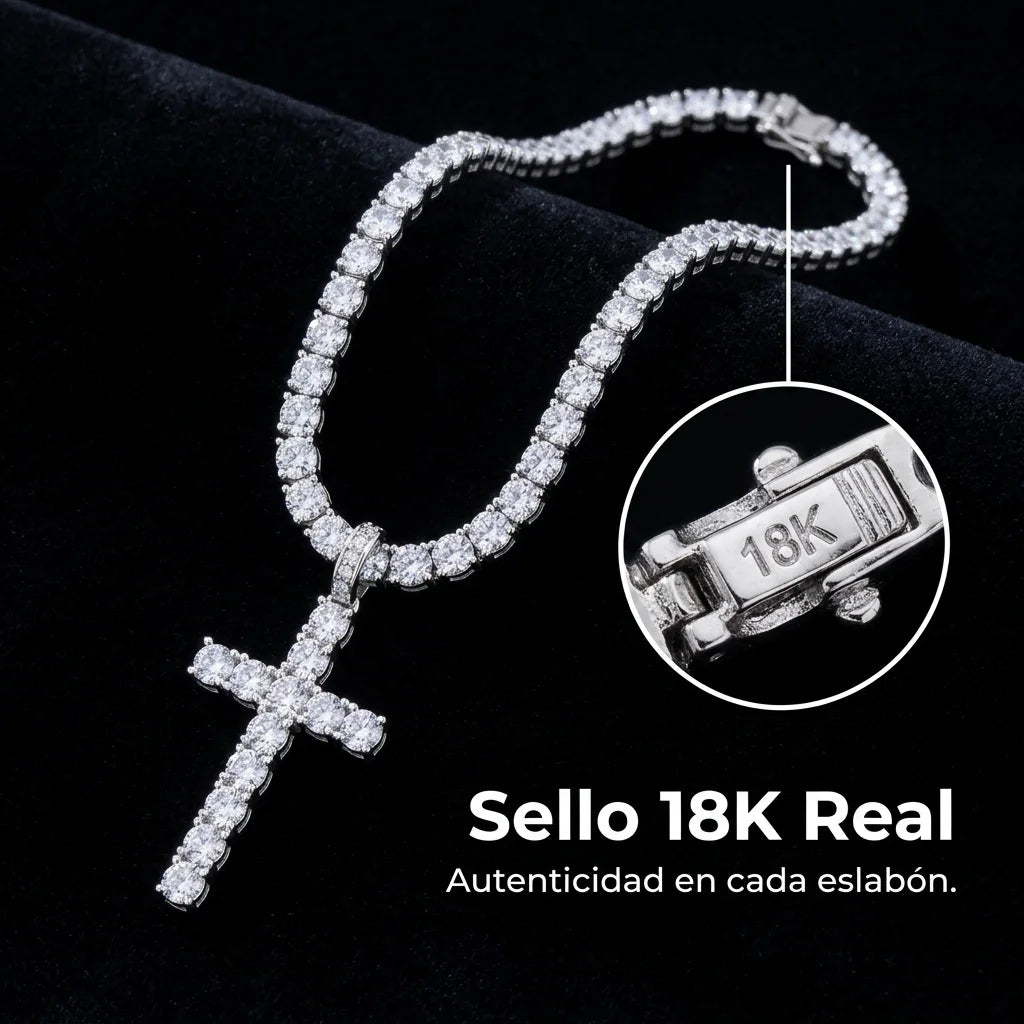 Cadena Tennis Cruz Iced · Oro Blanco y 18K