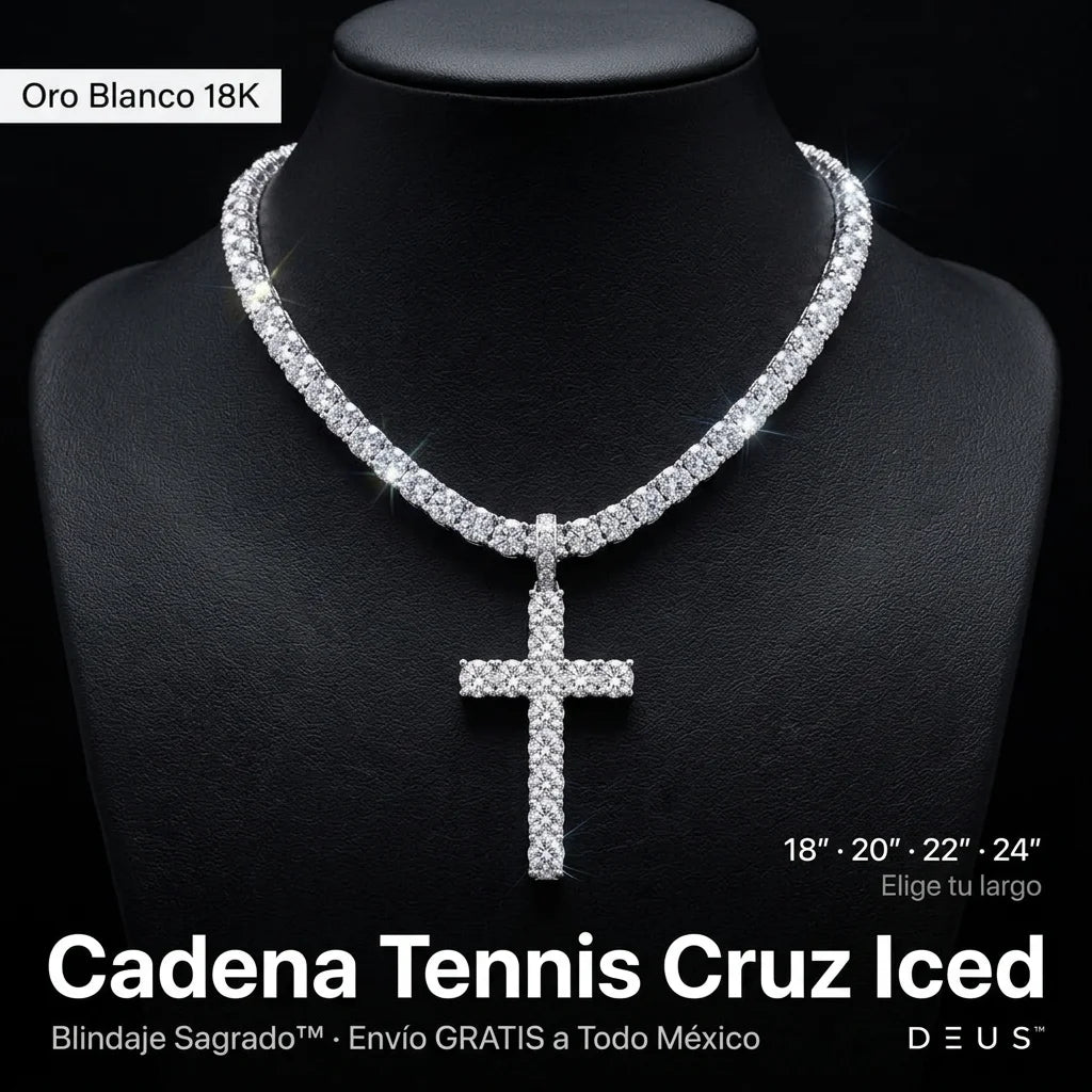 Cadena Tennis Cruz Iced · Oro Blanco y 18K
