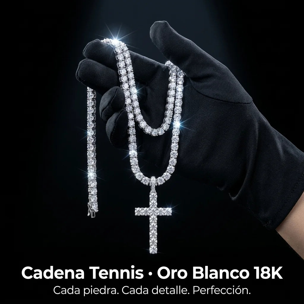 Cadena Tennis Cruz Iced · Oro Blanco y 18K