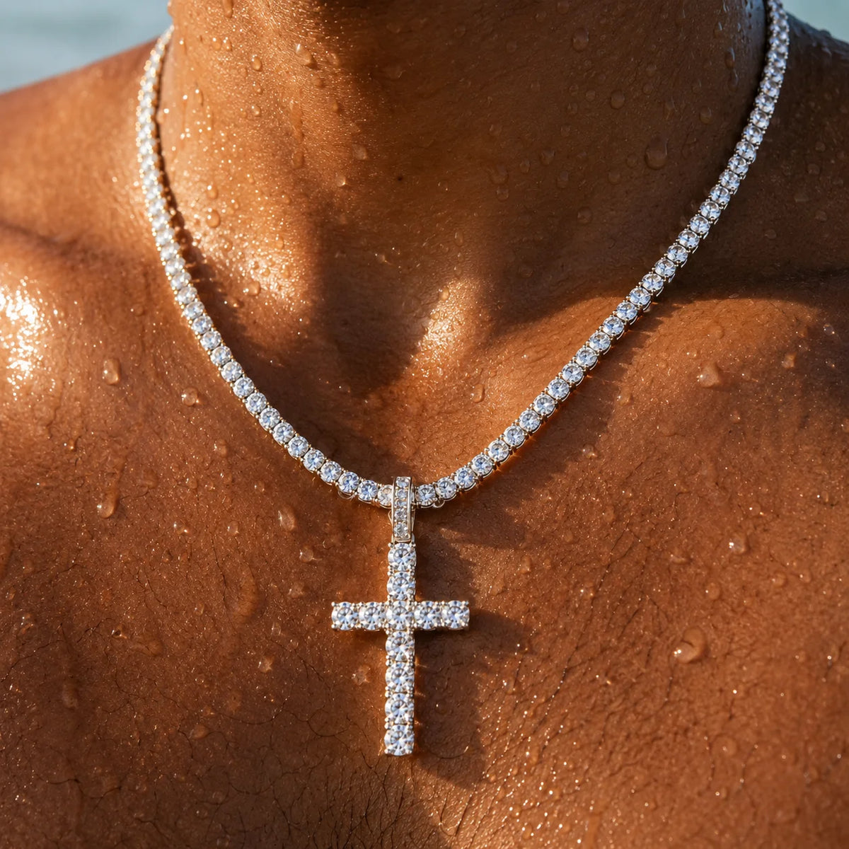 Cadena Tennis Cruz Iced · Oro Blanco y 18K