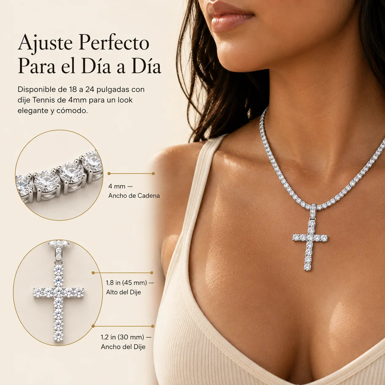 Cadena Tennis Cruz Iced · Oro Blanco y 18K